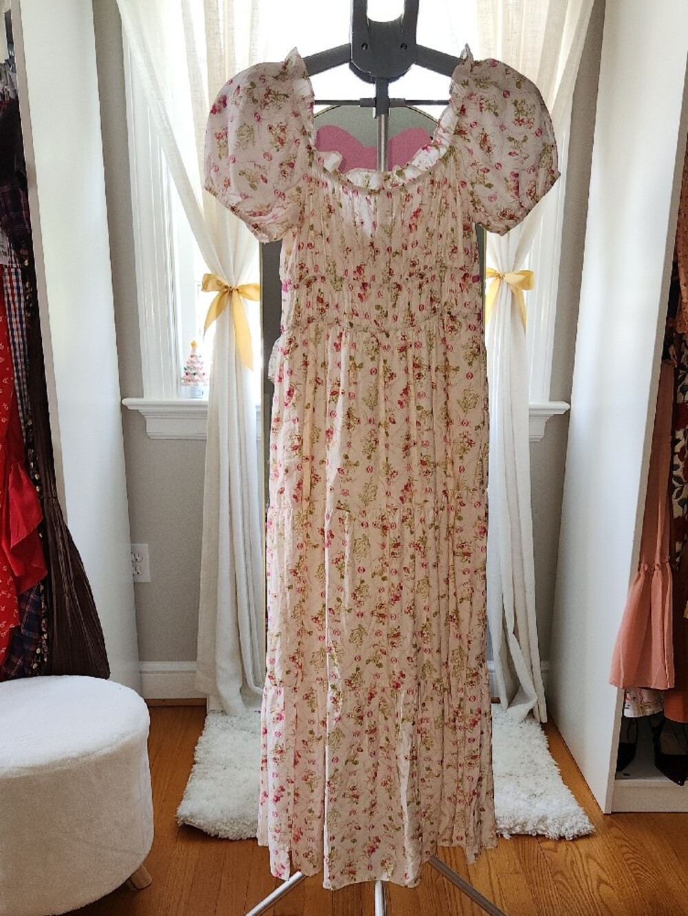 White Floral Maxi Dress with Pink Trim - Picture 4 of 4